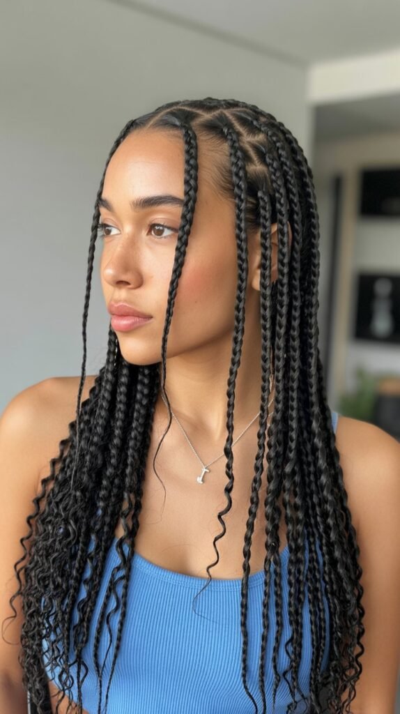 Side Part Knotless Braids with Twist-Out Curls for a Natural Look