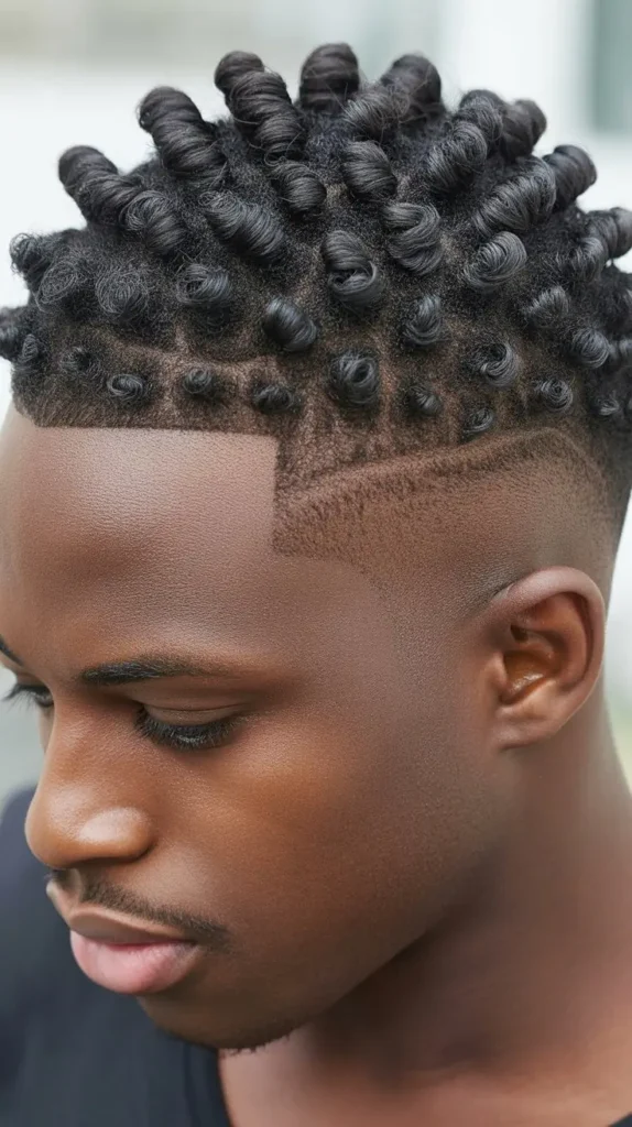 Short Twists with Curly Top Fade