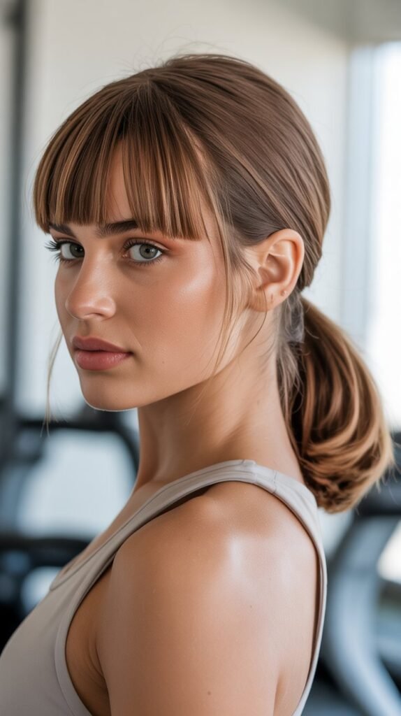 Blow-Dried Bangs and Mid Ponytail