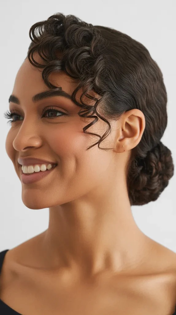 Side-Swept Curly Bang with Bun