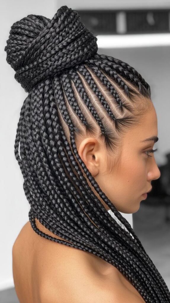 Box Braids in a High Bun