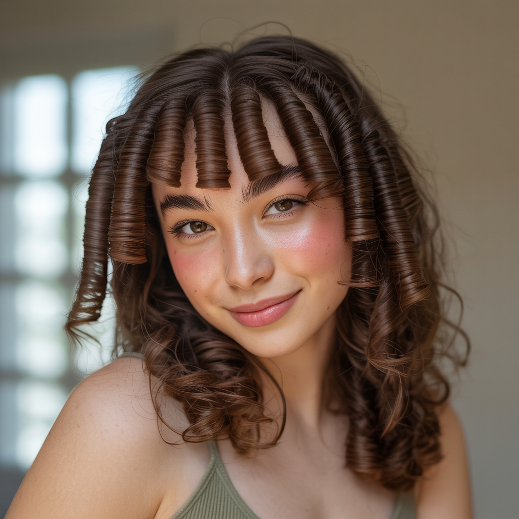 Crimped Hair with Full, Textured Bangs