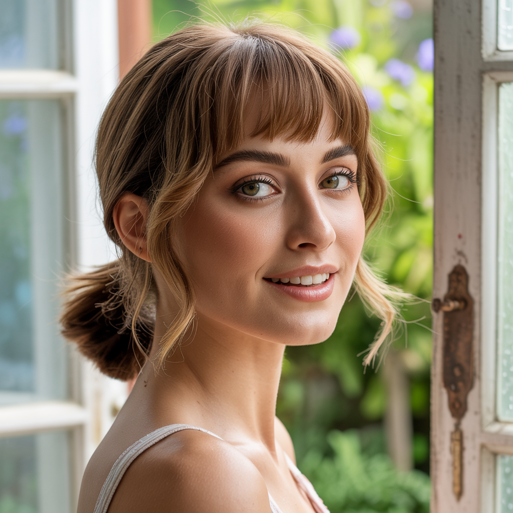  Medium Butterfly with Bangs and a Low Ponytail