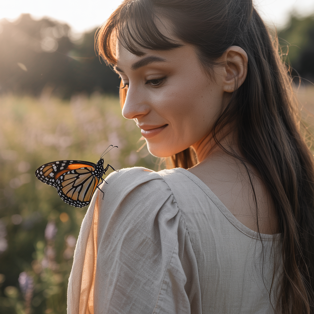 Butterfly with Long, Flowy Curtain Bangs