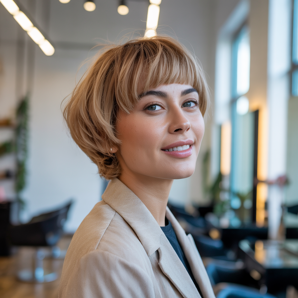 ench Butterfly Bob with Eyebrow-Grazing Fringe