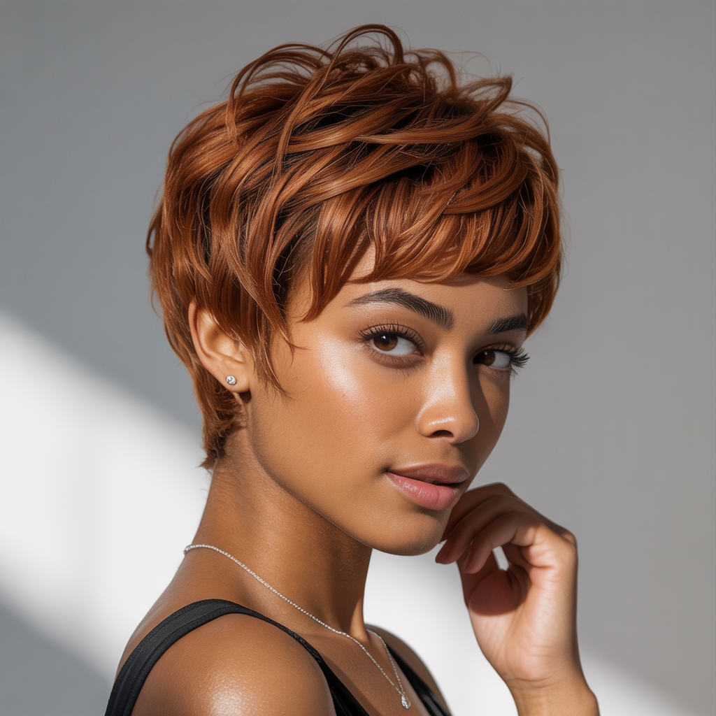 Textured Ginger Brown Pixie with Layers