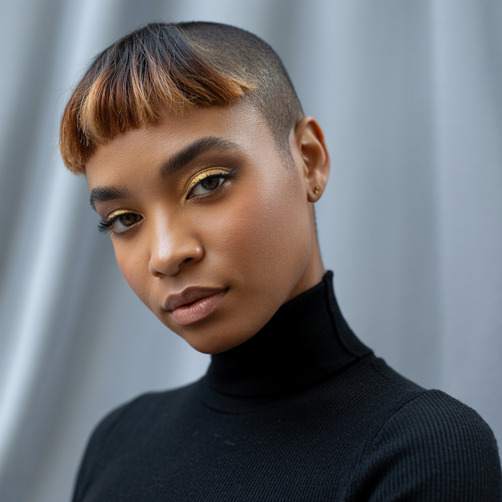 Pixie with Shaved Temples and Brown Highlights: Bold Statement