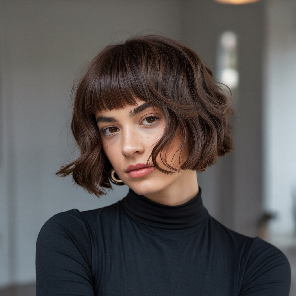 Short Bob with Razor Cut Bangs: Textured and Trendy