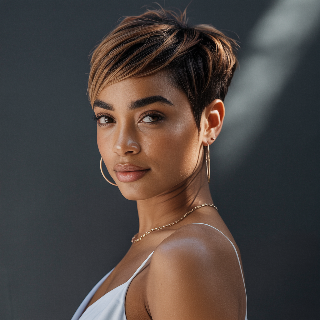 Tapered Pixie with Fine Brown Highlights: Polished and Refined