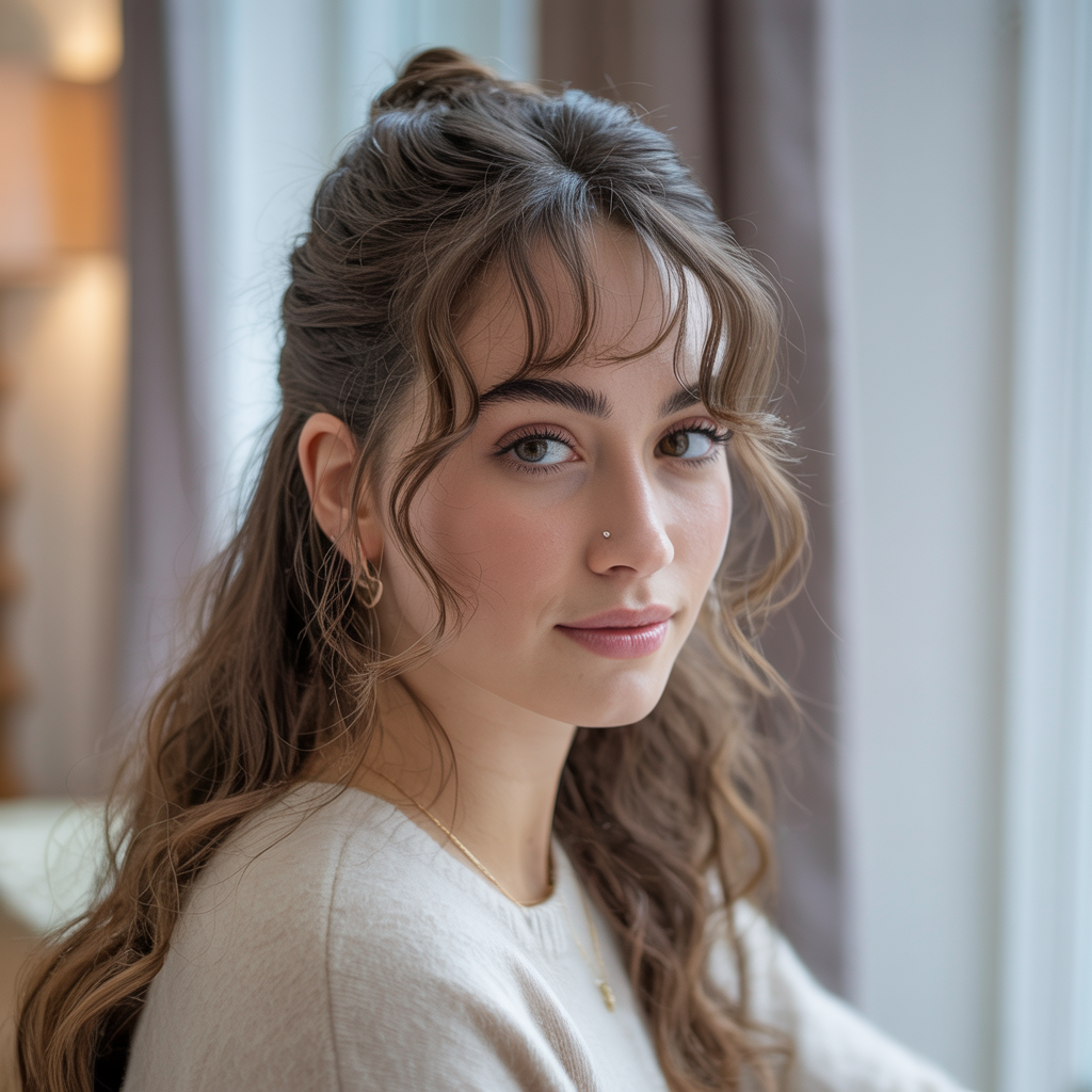  Half-Updo with Face-Framing Bangs