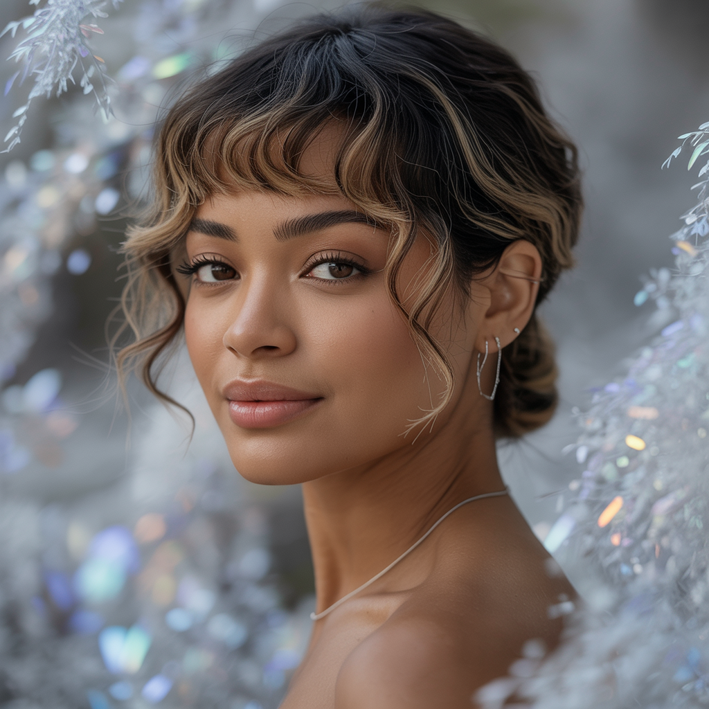 Pixie with Wispy Bangs and Brown Highlights: Delicate and Ethereal