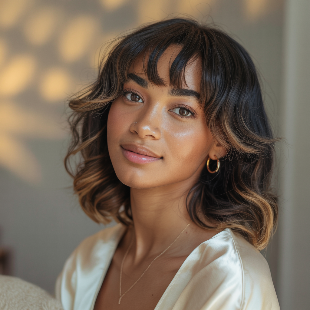  Pixie with Bangs and Face-Framing Brown Highlights: Brightening Your Features