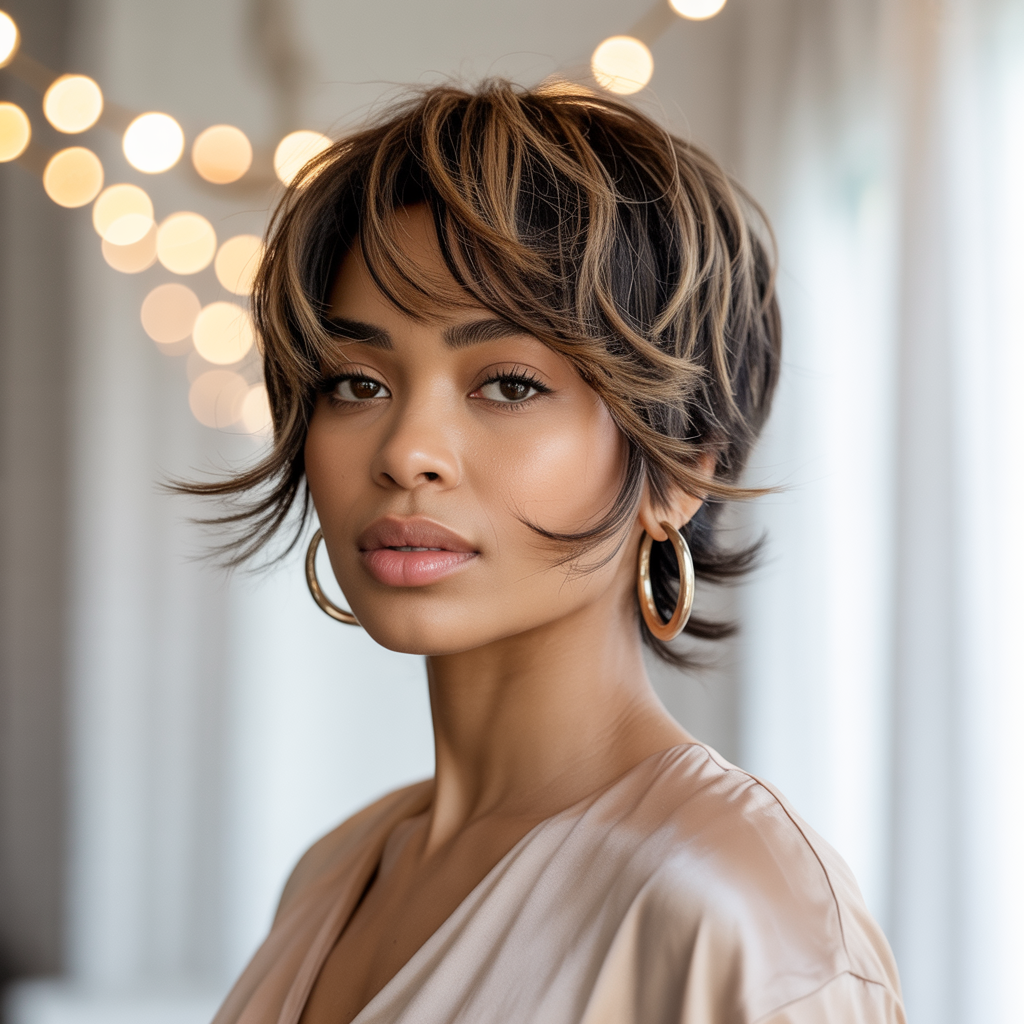  Pixie with Feathered Layers and Brown Highlights: Soft and Airy