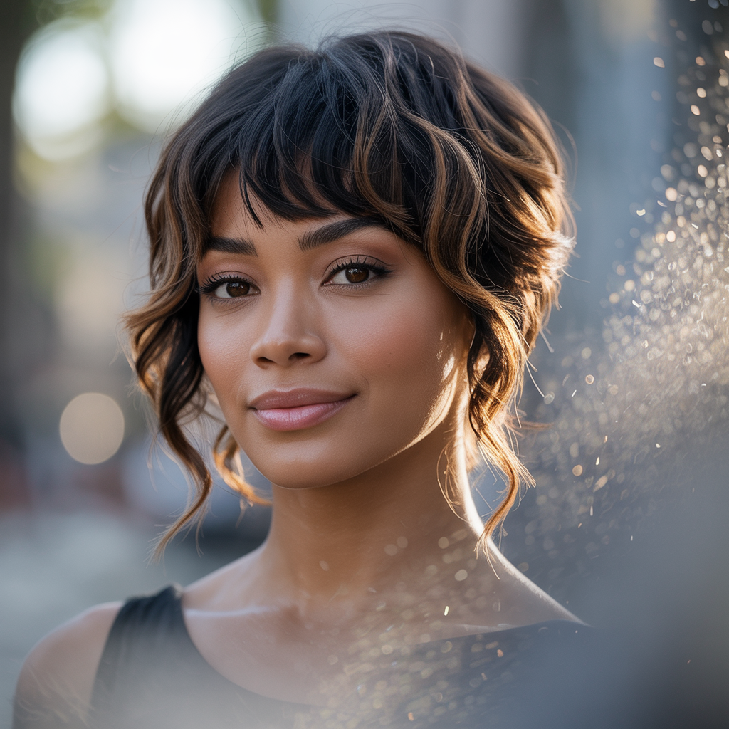  Pixie with Full Fringe and Brown Highlights: Softening Features