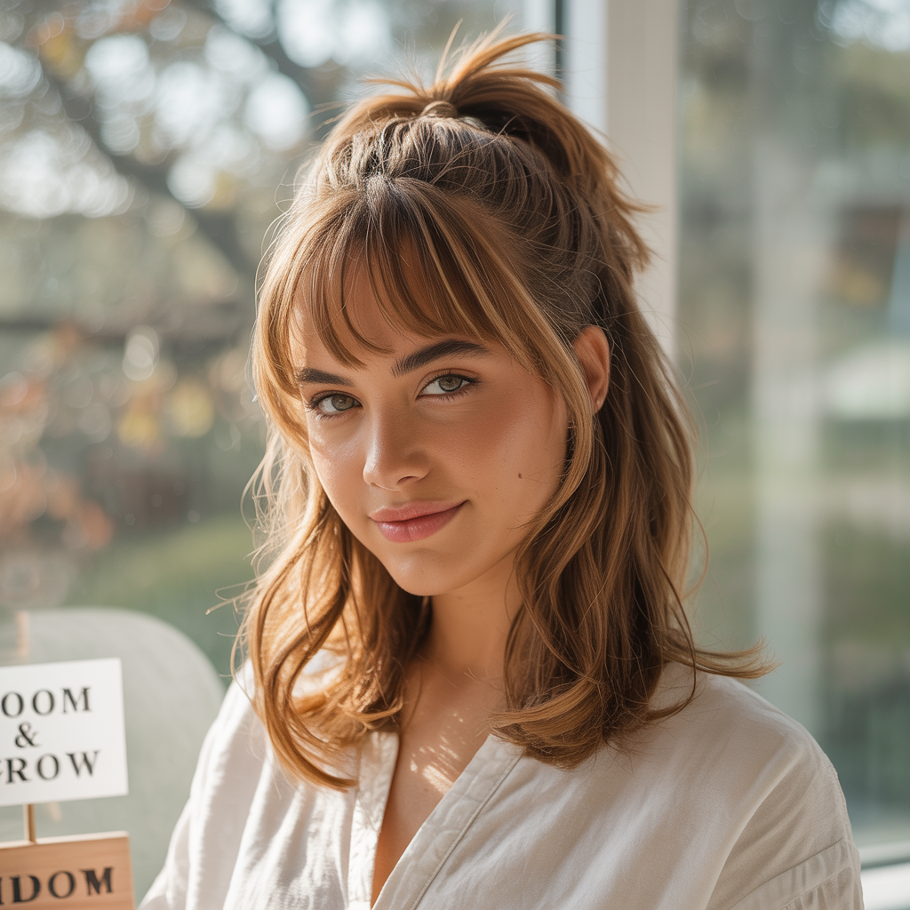 Medium Butterfly with Bangs and an Elevated Ponytail