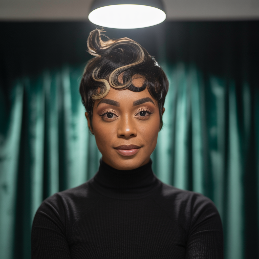 Pixie with Pointy Sideburns and Brown Highlights: Sharply Defined