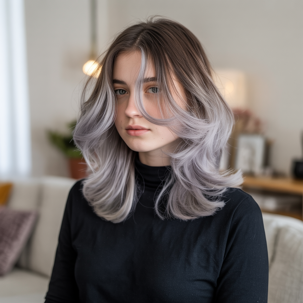  Long Butterfly Cut with Dark Roots & Light Ends