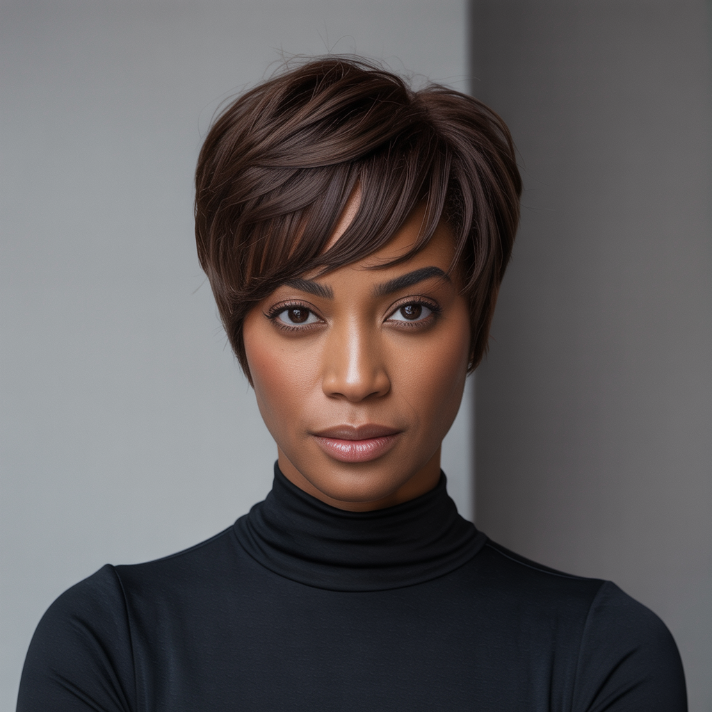 Deep Chocolate Brown Pixie with Side Swept Bangs
