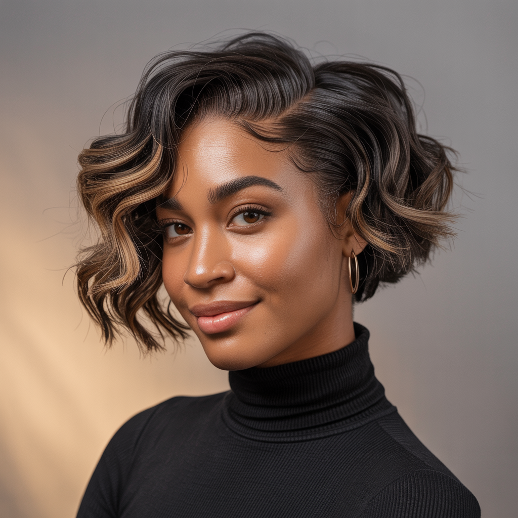 . Wavy Pixie with Balayage Brown Highlights: Effortless Blending