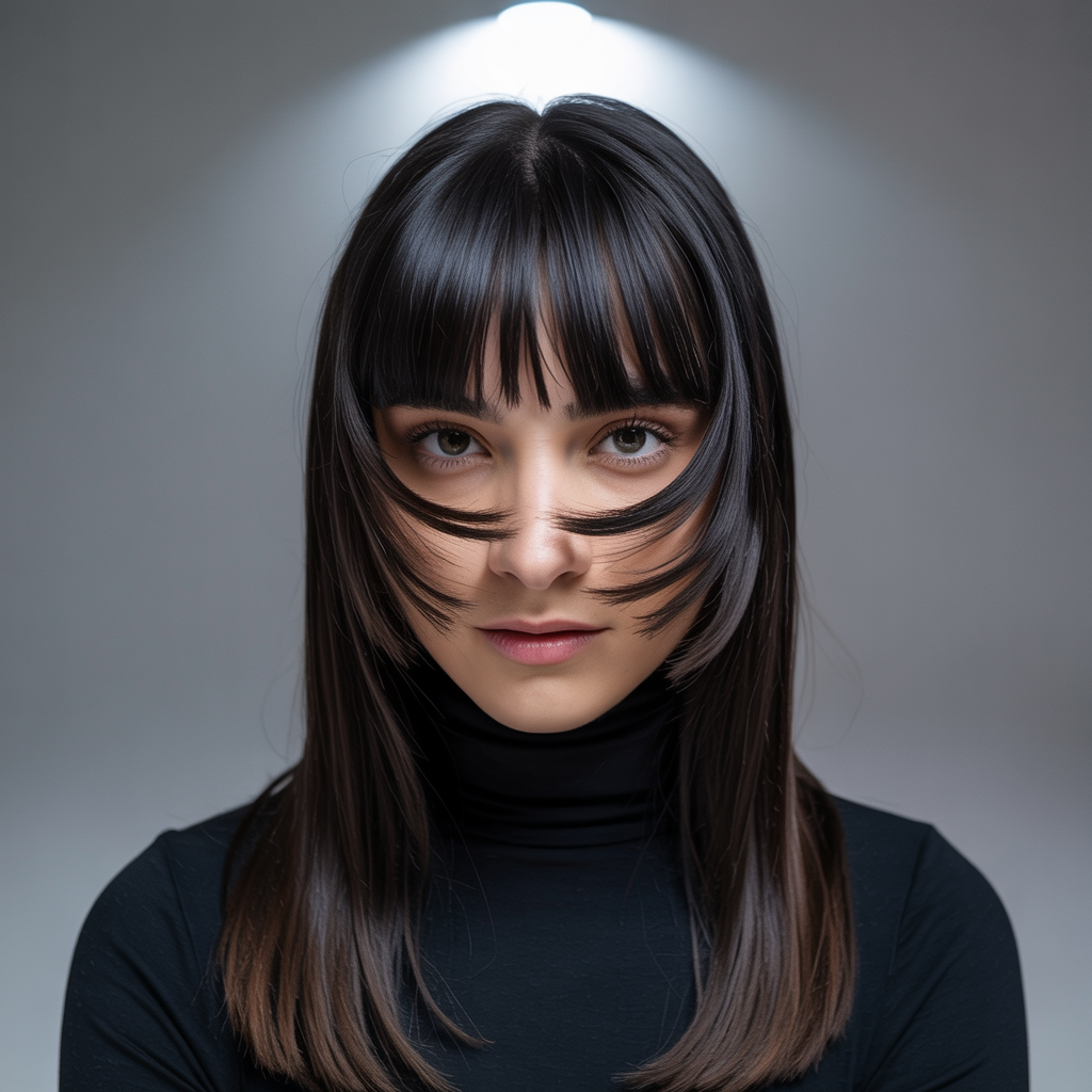 Brow-Skimming Bangs with Long, Straight Hair