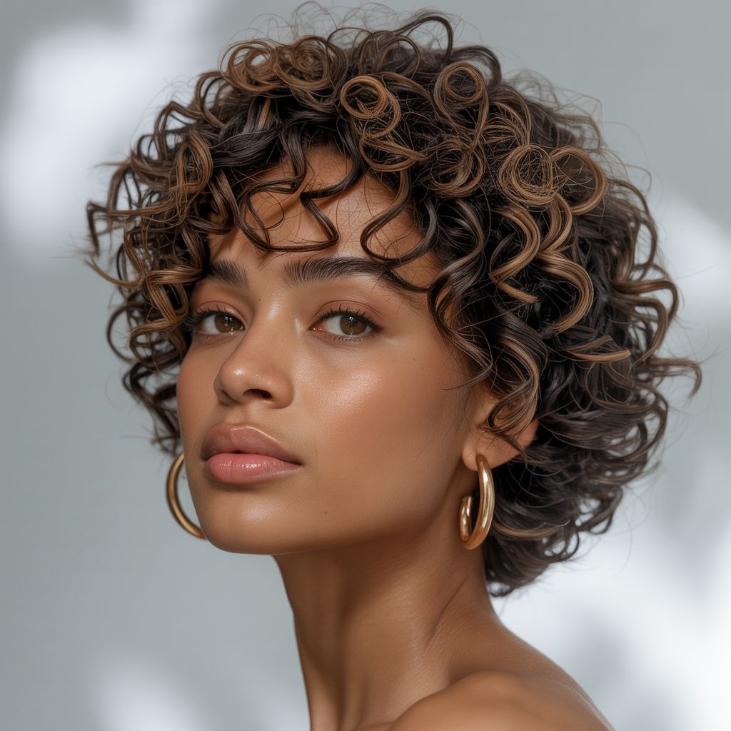 Voluminous Brown Pixie with Defined Curls
