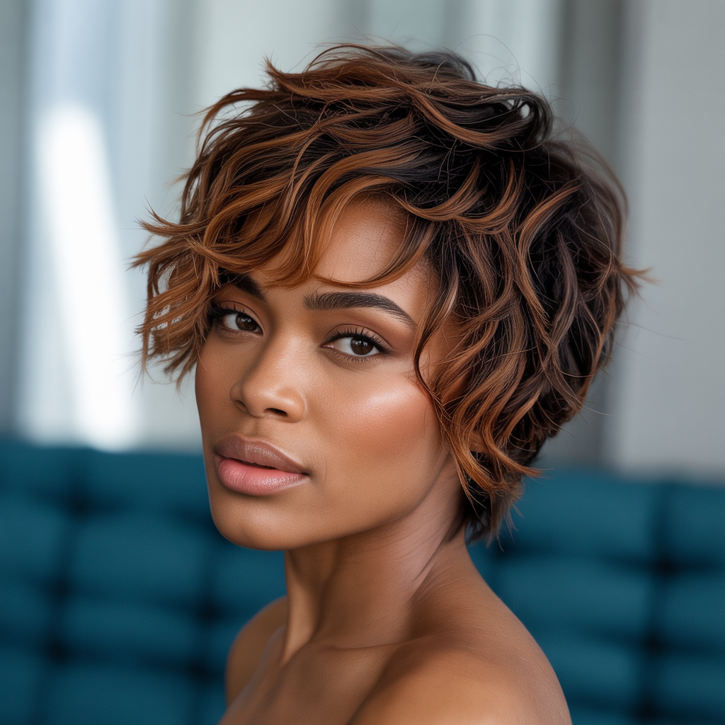  Voluminous Pixie with Layered Brown Highlights: Depth and Movement