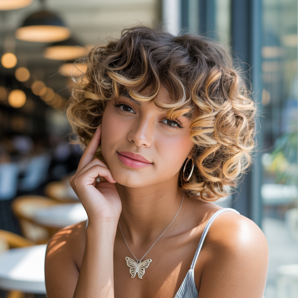 Curly Butterfly Cut with Sun-Kissed Highlights