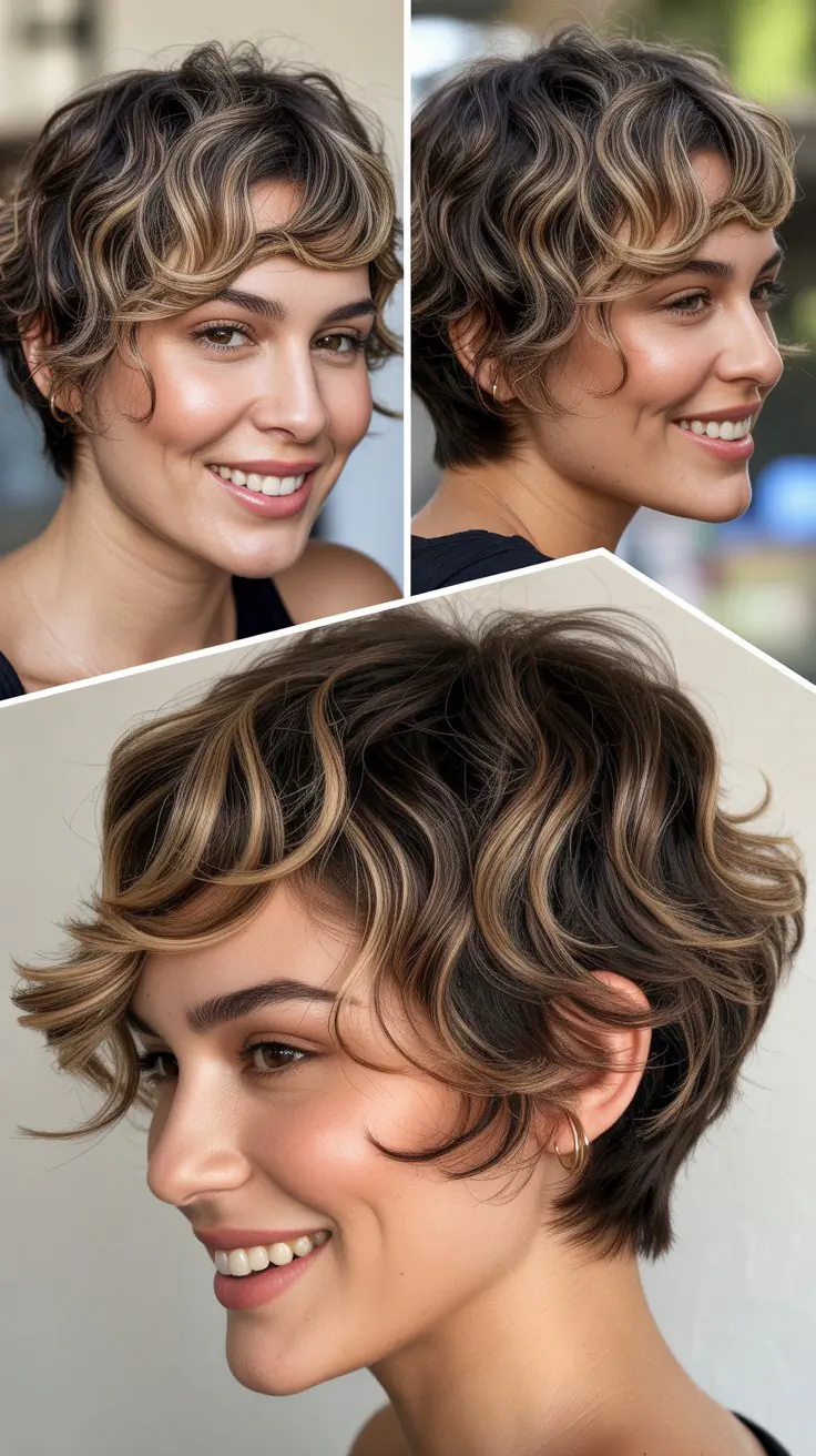 Wavy Pixie with Balayage Brown Highlights: Effortless Blending