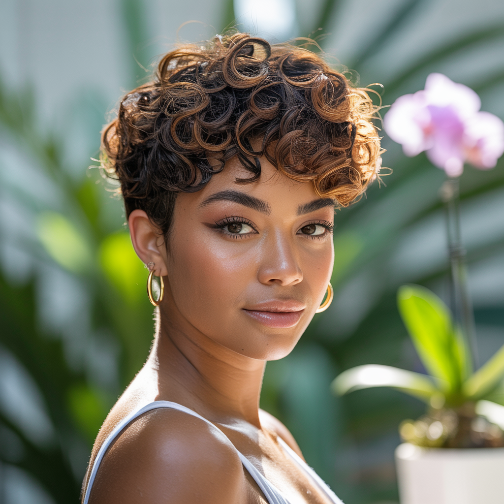  Curly Pixie with Sun-Kissed Brown Highlights: Embracing Natural Texture