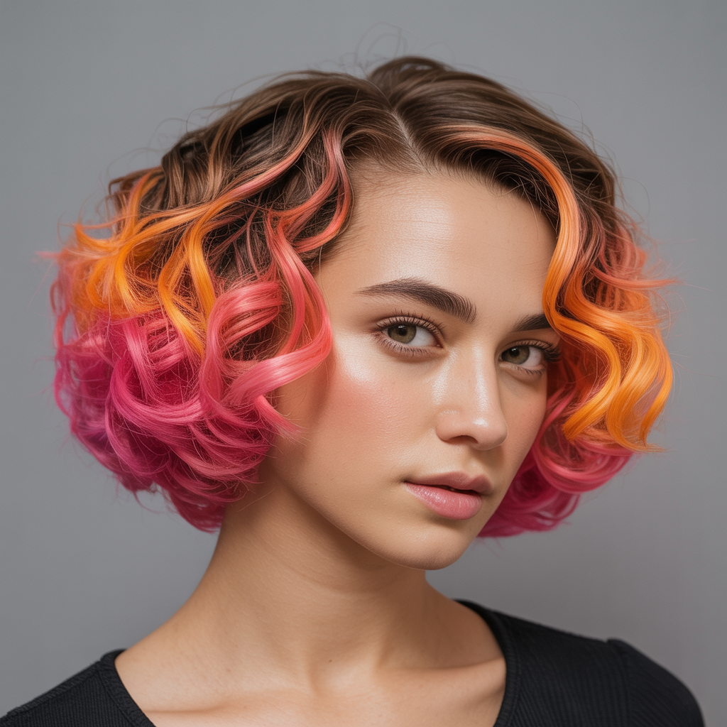 Curly Butterfly Cut with a Pop of Color