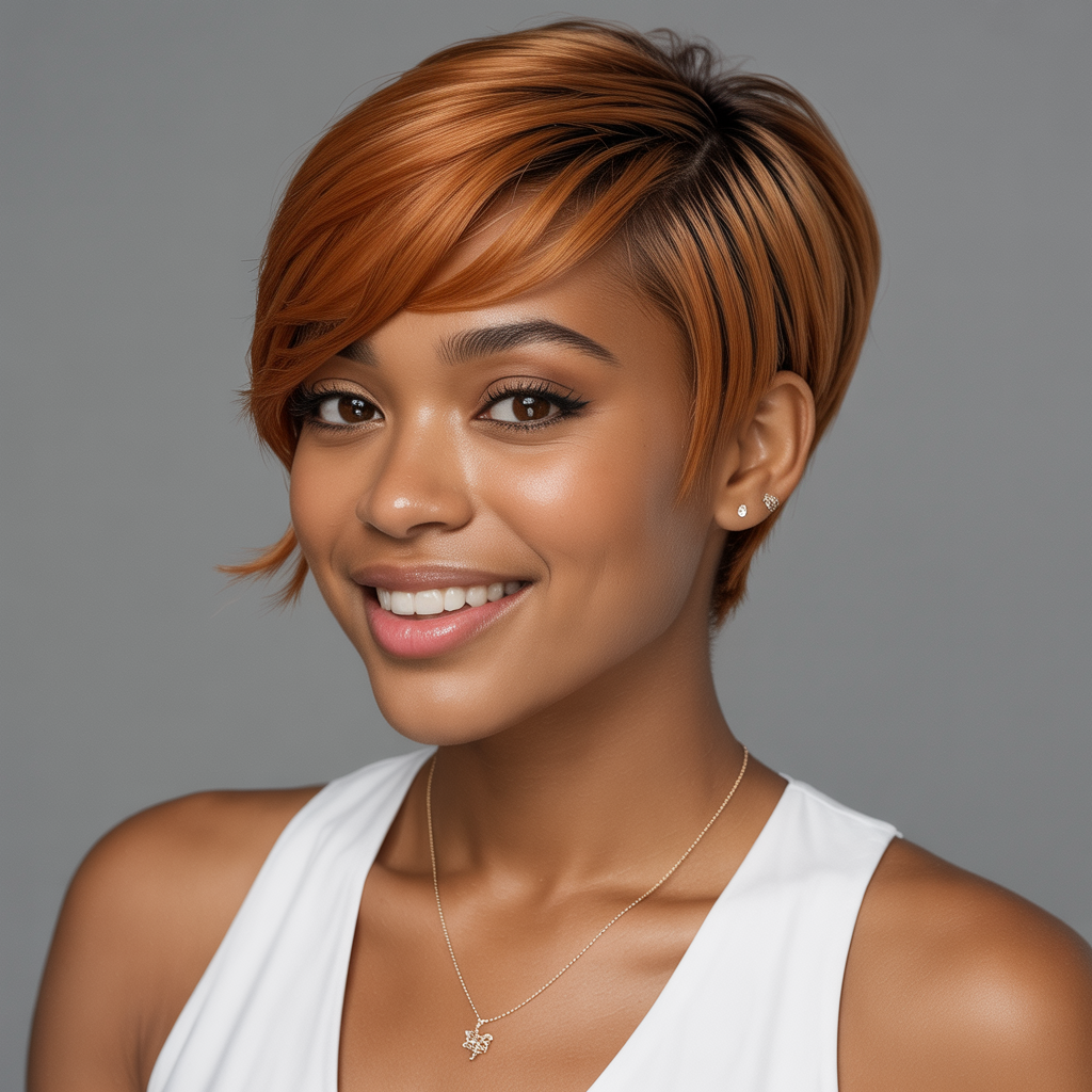 Deep Side Part Ginger Brown Pixie