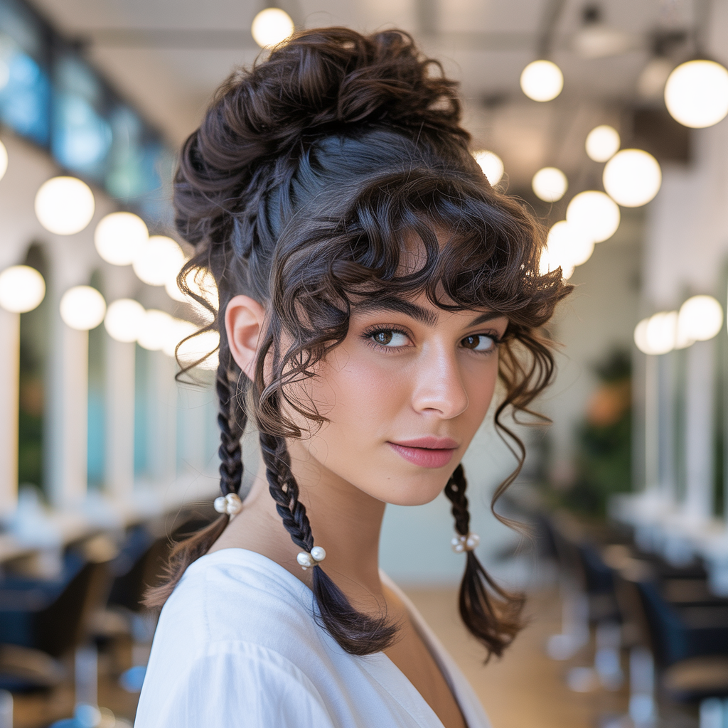 Curly Updo with Braided Bangs