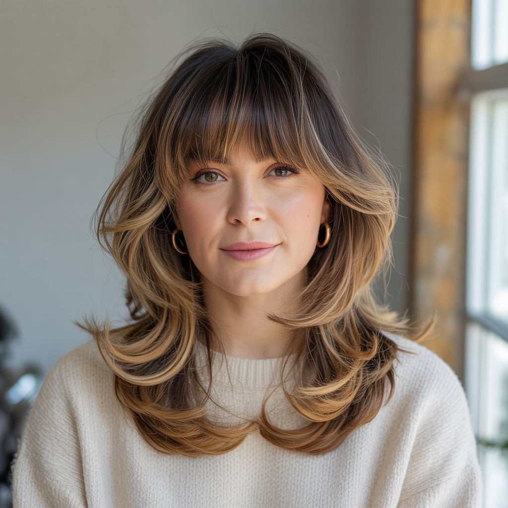 Layered Butterfly Cut with Blunt Curtain Bangs