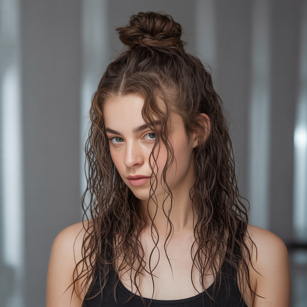 Wet Wavy Half-Up Bun