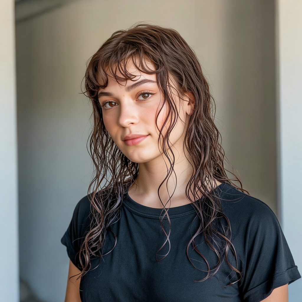 Wet Wavy Curtain Bangs