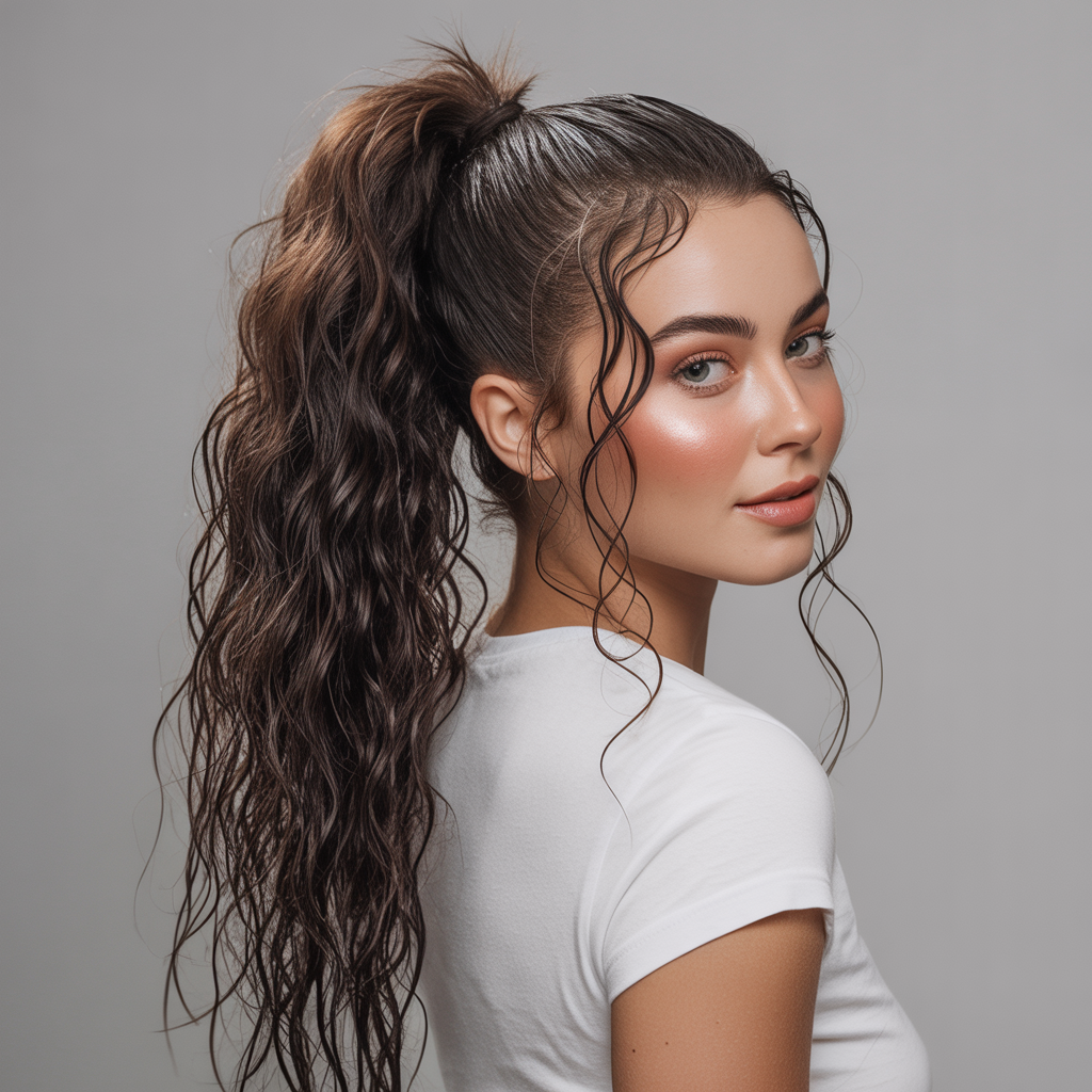  Wet and Wavy High Ponytail