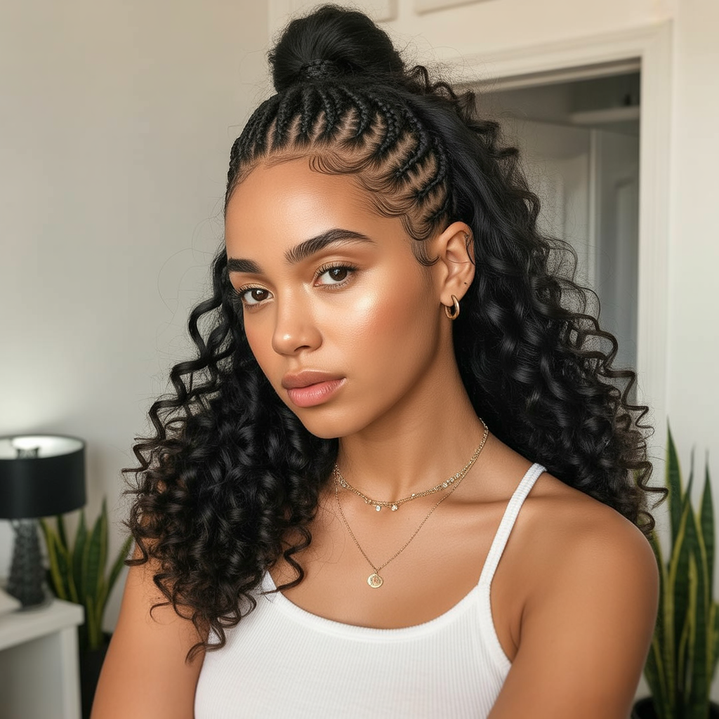 Half-Bun Fulani Braids with Curls