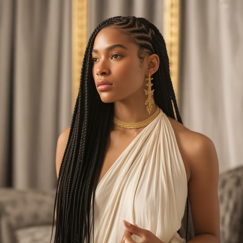 Long Goddess Braids Side Part