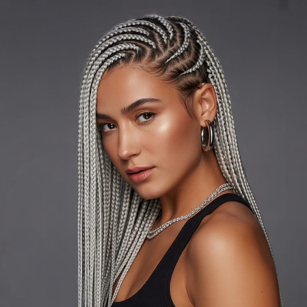 Silver Gray Side Part Braids