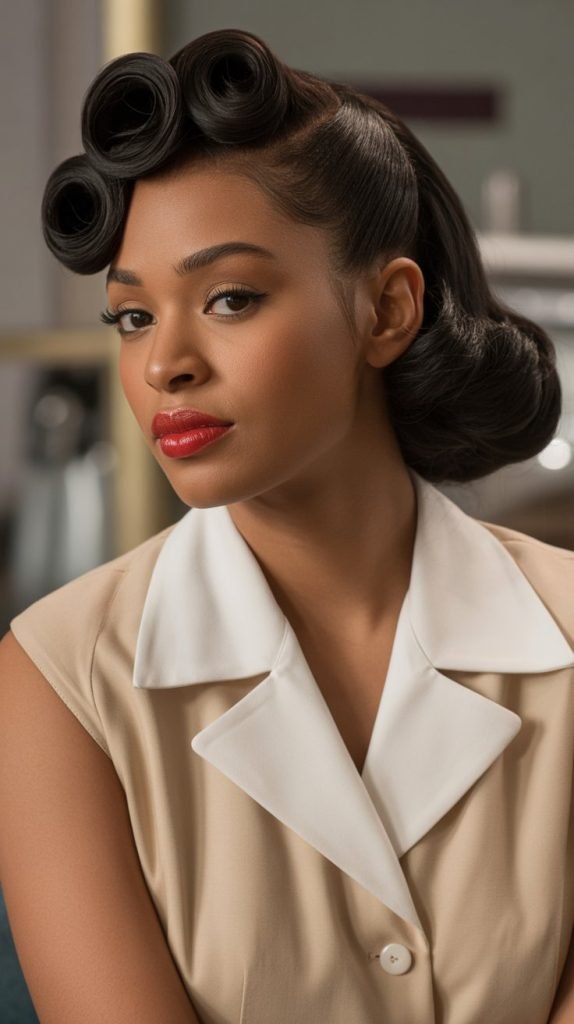 Vintage-Inspired Victory Roll Low Bun