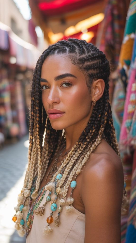  Boho Side Part Braids with Golden Highlights
