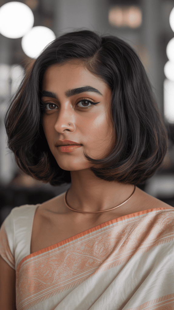  Modern Saree-Ready Bob with Face-Framing Layers