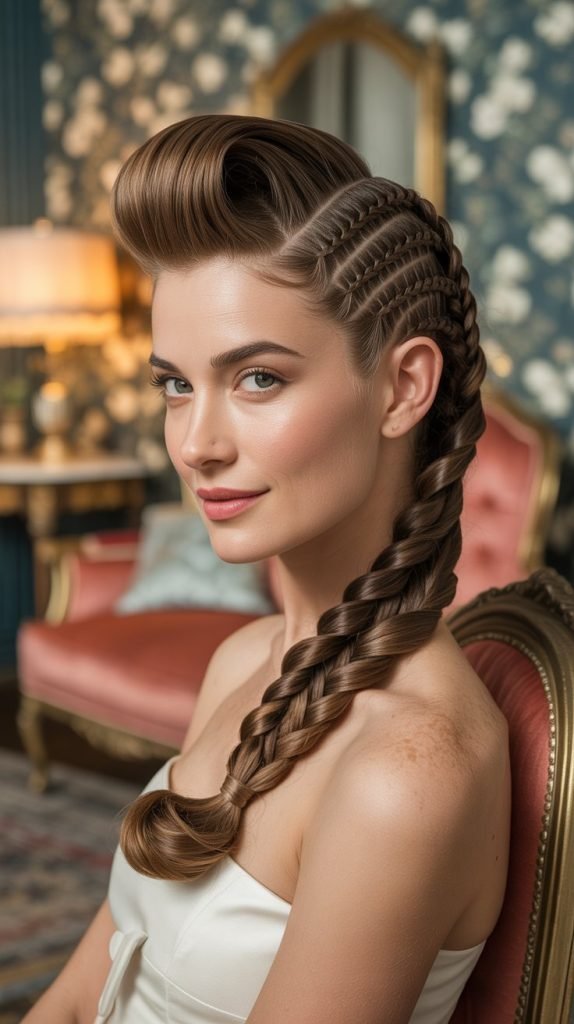  Side Part Medium Braids with Pompadour Front