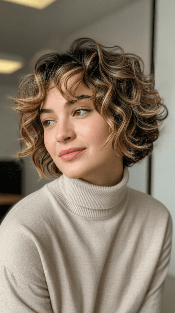 Honey Highlights Curly French Bob