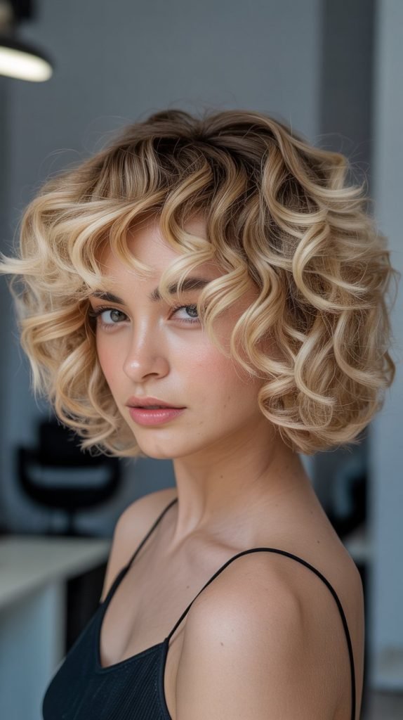 Curly-Wavy Blonde Bob Hybrid
