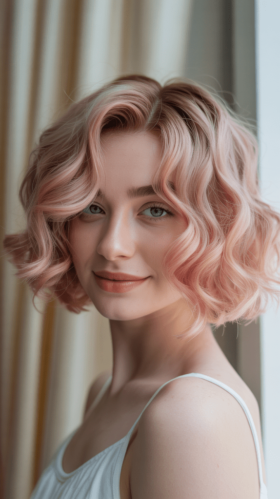 Rose Gold Blonde Curly French Bob
