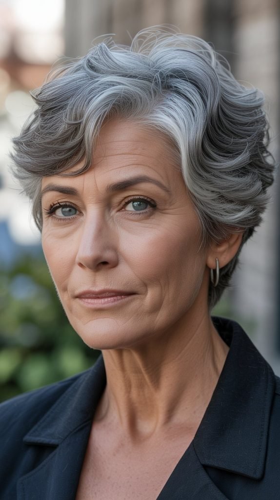 A distinguished older woman with beautiful gray/silver hair in a pixie cut, natural lighting showing the color richness, confident expression