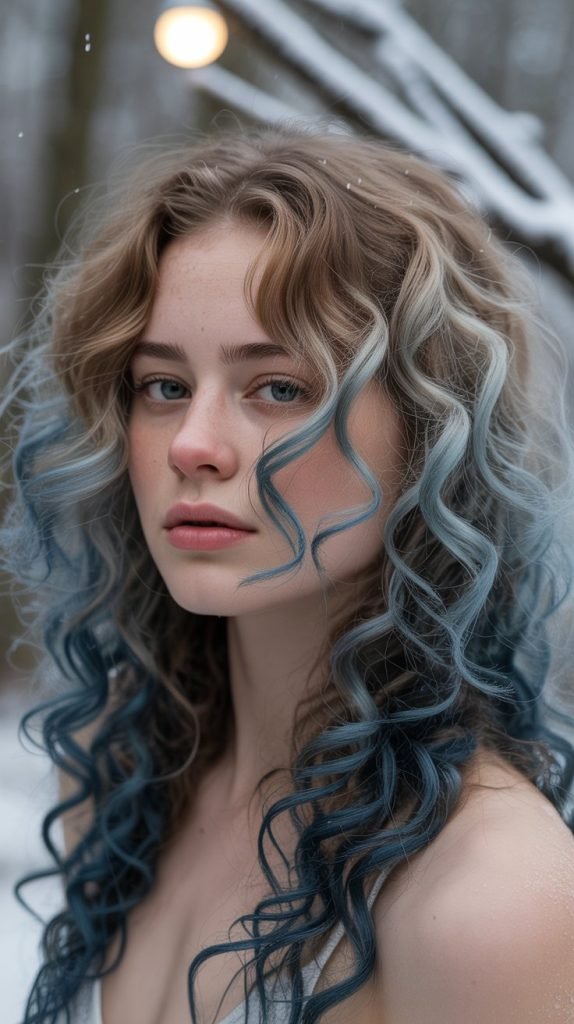 Ice Blue Highlights on Dark Curls