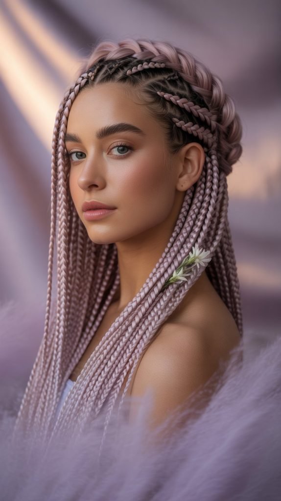 Side Part Medium Braids with Halo Elements