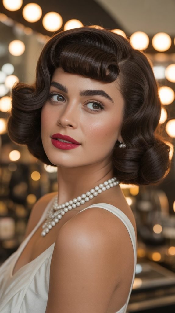 intage-Inspired Wavy Bob with Pin-Curl Bangs